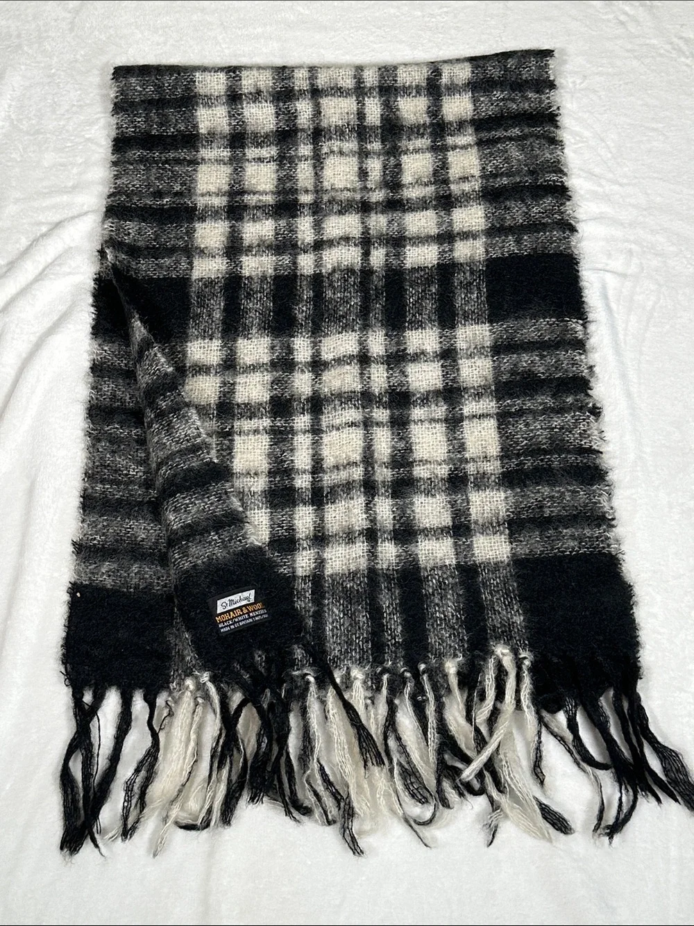 St. Michael Mohair & Wool Black & White Plaid Scarf